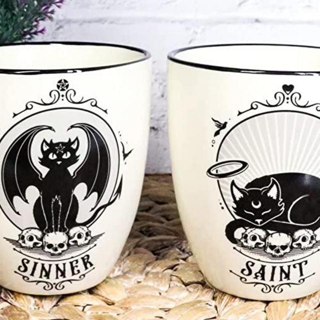Ebros Gift Set Of 2 Gothic Wicca Saint Or Sinner Feline Cats Witching Hour Double Walled Bone China Porcelain Coffee Mugs Tea Drink Cups Alchemy Magic Occult Serveware Drinkware