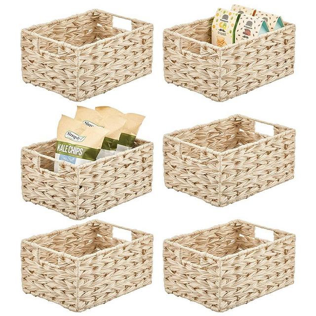 mDesign Woven Farmhouse Kitchen Pantry Food Storage Organizer Basket Bin - for Cabinets, Cupboards, Shelves, Countertops - Holds Potatoes, Onions, Fruit, 6 Pack - Cream/Beige