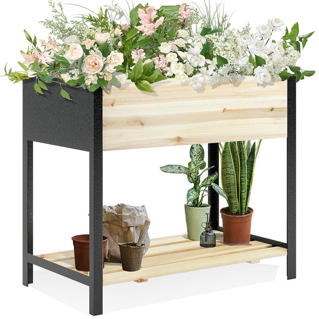 Hozeiee Raised Garden Bed with Legs, Metal & Wood Elevated Planter Box for Outdoor Plants, Vegetables, Flowers, Herbs, 4 Legs, 36(L) x18(W) x30(H) Inch Garden Bed for Outdoors