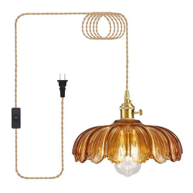 Beser·Win Plug in Pendant Light, Hanging Lights with Plug in Cord, Hanging Light Fixture with Amber Color Glass, E26 Pendant Lighting for Kitchen Island, Bedroom, Dining Room-Browm