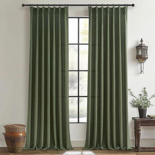 Olive Green Linen Curtains 96 Inches Long 2 Panels Set, Modern Aesthetic Pinch Pleated Dark Academia Living Room Light Filtering Sheer Ceiling Track Curtains with Hooks Decor Drapes for Bedroom Window