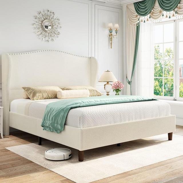 Yaak Queen Size Chenille Bed Frame with 52" Tall Headboard, Upholstered Platform Bed with Nailhead Trim Headboard Wingback, No Box Spring Needed, Wood Slats Support, Easy Assembly, Beige