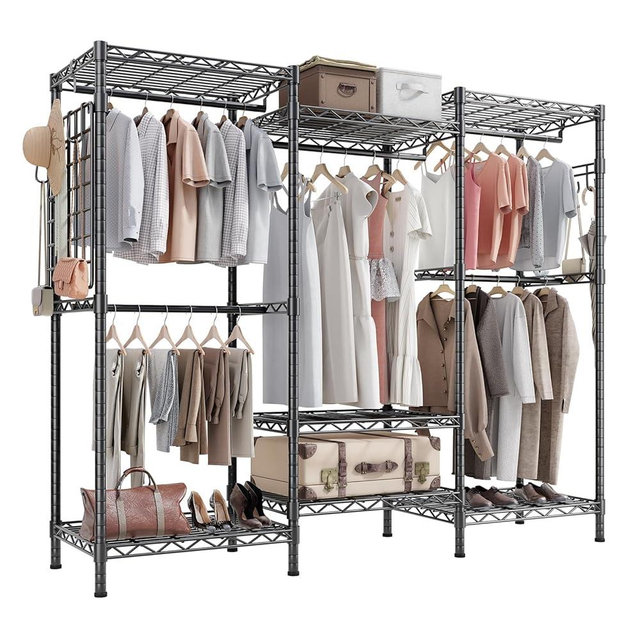 HOKEEPER Clothes Rack Heavy Duty Clothing Rack for Hanging Clothes 1600LBS Freestanding Garment Rack with 5 Hang Rods, Side Mesh Board & Hooks, Portable Wardrobe Closet 70" W X 17" D X 76" H, Black
