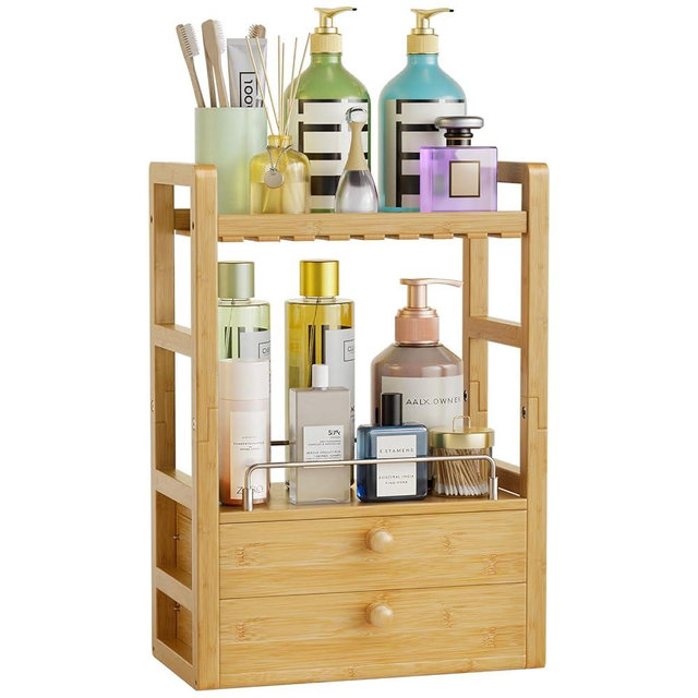 AmazerBath Bamboo Bathroom Countertop Organizer, 2-Tier Makeup Organizer with 2 Drawers, Vanity Organizer Storage Coffee Matcha Station, Compact Shelf for Bathroom Kitchen Office