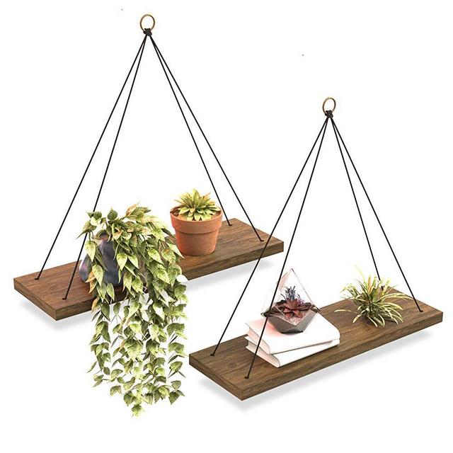 Boho Wall Hanging Shelf - Set of 2 Wood Hanging Shelves for Wall - Floating Shelves for Bedroom Living Room Bathroom - Rope Rustic Wood Shelves - Hanging Plant Shelf - Triangle Farmhouse Wood Shelves…