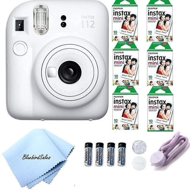 Fujifilm Mini 12 Instant Camera Starter Bundle: Includes Mini Film Value Pack (60 Sheets) + 4 Pack AA Batteries + Lens Cleaning Cloth (Clay White)