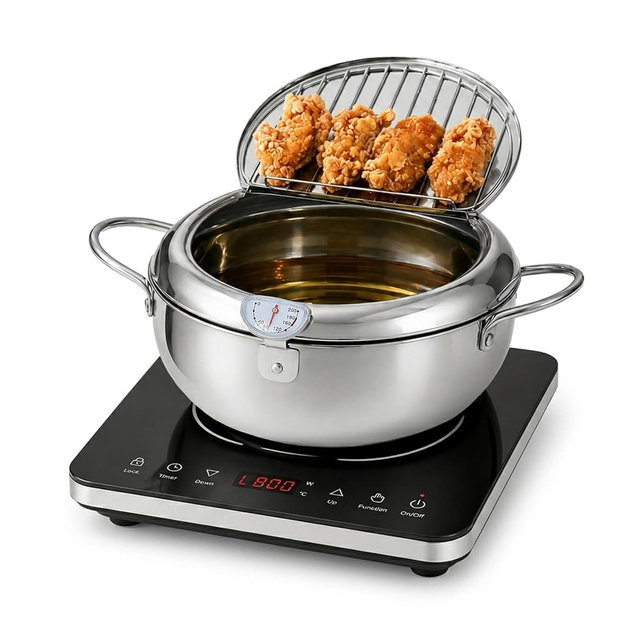 FIRE RIOT Deep Fryer Pot 4.3L / 4.54 Qt (145 oz), Japanese Tempura Frying Pot with Thermometer & Lid, 304 Stainless Steel Fryer with Oil Drip Drainer Rack for French Fries, Chicken, Shrimp & More
