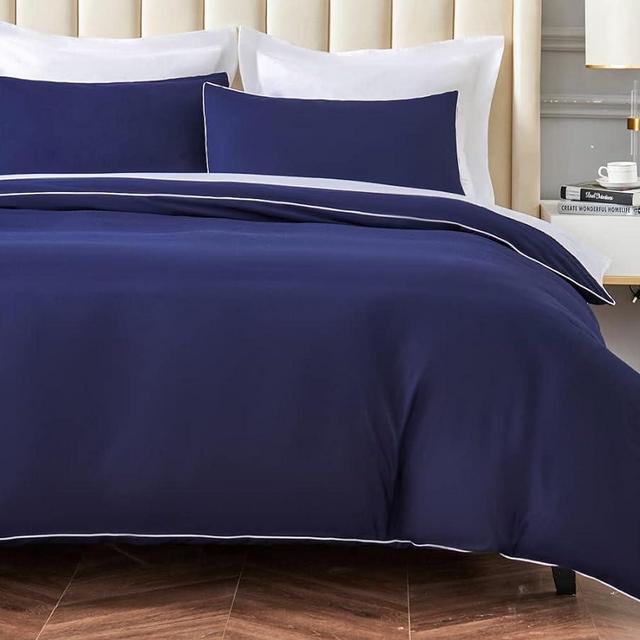 DAUAOTO Duvet Cover King Set, Navy Blue Microfiber Bedding with Decorative White Piping, 1 Zipper Closure Cover + 2 Shams