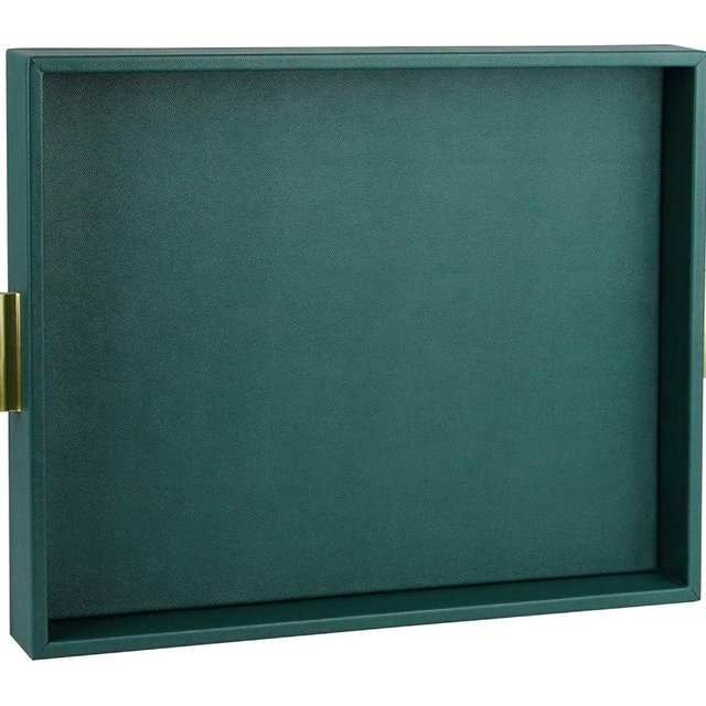 HofferRuffer Extra Large Serving Tray with Handles, Elegant Faux Leather Storage Decorative Tray for Coffee Table, Ottoman, Console Table (Green Tray+Golden Handle)