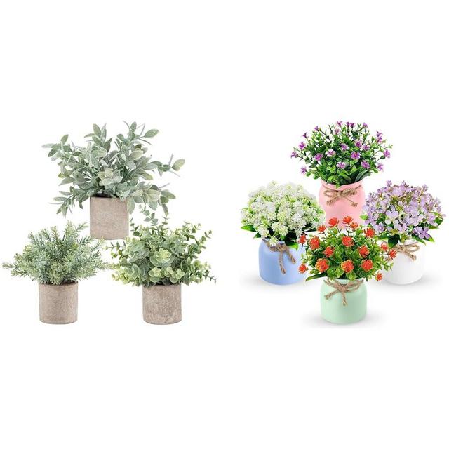 Der Rose Bundle of 3 Pack Fake Plants and 4 Pack Faux Flowers Plants for Home Bathroom Office Desk Decor