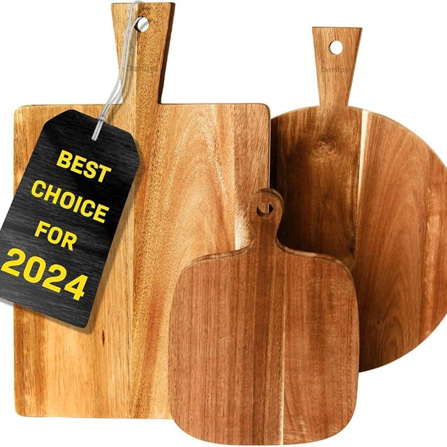 Acacia Wood Cutting Board Set of 3 with Handles – Round, Rectangular & Paddle Charcuterie Boards for Cheese, Meat, Pizza, Bread & Fruits