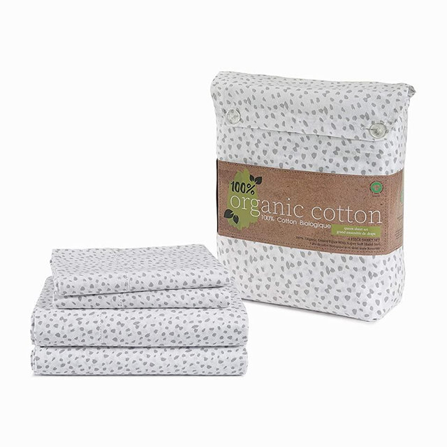 100% Organic Cotton White (Grey Dot) King-Sheets Set, 4-Piece Long Staple Percale Weave Ultra Soft Best Bedding Sheets for Bed, Breathable, GOTS Certified, Fits Mattress Upto 15inch Deep