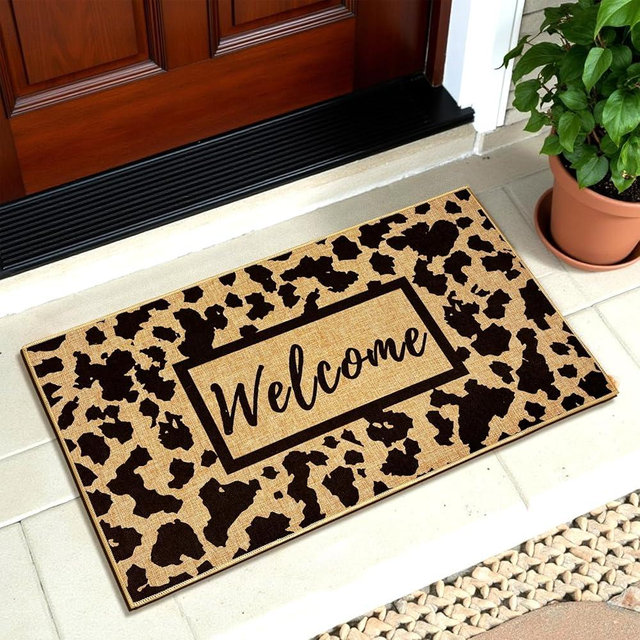 Welcome Doormat Outdoor Indoor Cow Print Door Mat Western Mat for Entrance Front Back Door Aesthetic Carpet for Hallway Farmhouse Non-Slip Inside Outside Doormats Modern Black Dot Entryway Mat