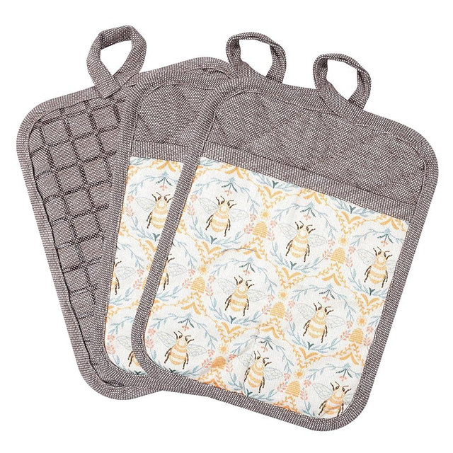 Pot Holders Set of 3 Silicone Printing Non Slip Heat Resistant, Yarm-Dyed Hot Pads Cotton Home Kitchen Cooking Barbecue Microwave Women Men Machine Washable BBQ Grilling. (Khaki Potholdes)