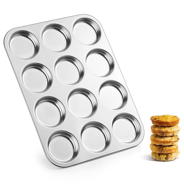 E-far 12-Cavity Muffin Top Pan, Stainless Steel Shallow Cupcake Pan for Yorkshire Pudding, Eggs, Whoopie Pie, Cornbread, Non-toxic & Dishwasher Safe