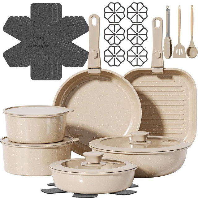 OzawaBear 26 Pcs Pots and Pans Set Non Stick, Ceramic Cookware Set Non Toxic with Detachable Handles, Healthy Induction Cookware Oven Safe RV Kitchen Set, PFAS PFOA & PTFE Free, Taupe