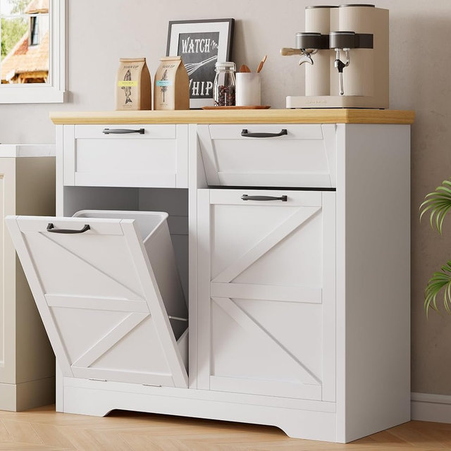 Jocoevol 40 Qt /10 Gal Tilt Out Trash Can Cabinet, Double Recycling Hidden Trash Can Cabinet, Laundry Hamper Cabinet with Storage Drawers, Pet Proof Wood Garbage Can Cabinet for Kitchen, White