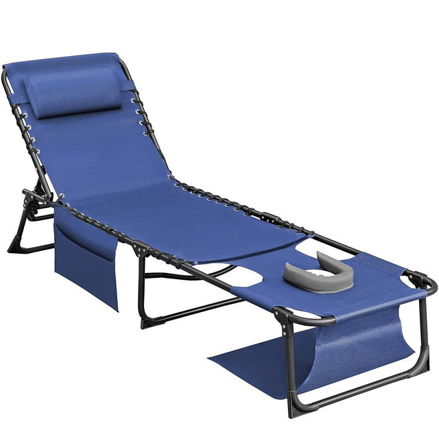 Flamaker Face Down Chaise Lounge Chair 5-Position Adjustable Sunbathing, Foldable Tanning Chair with Face& Arm Holes, Outdoor Recliner for Pool, Beach, Patio, Lawn (Blue, 1 Pcs)
