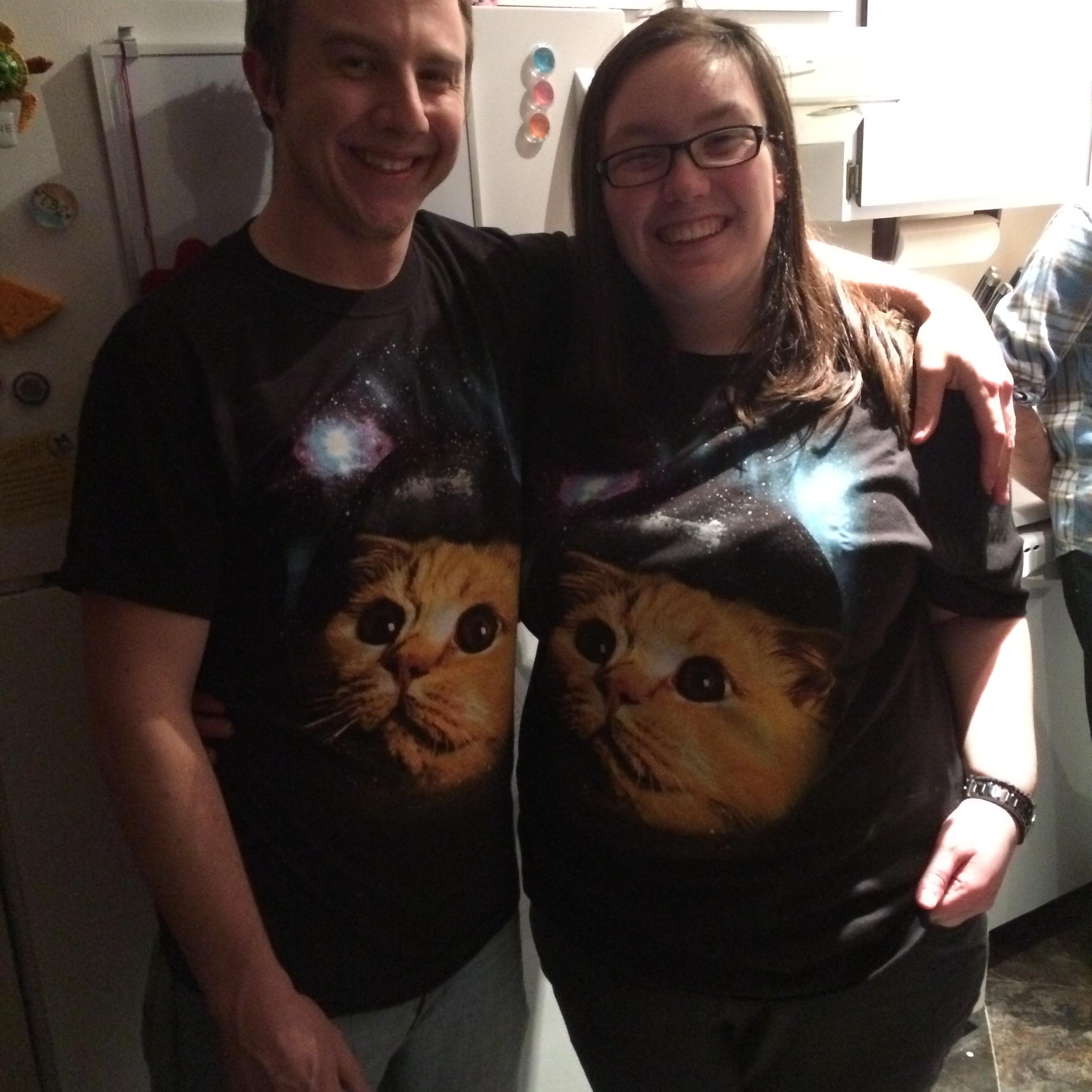 The party theme was "three wolf shirt," but we couldn't find any shirts with wolves so we settled for cats