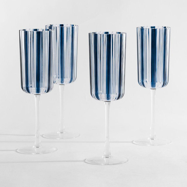 Montauk Stripe Outdoor Champagne Flutes, Navy Blue - Set of 4