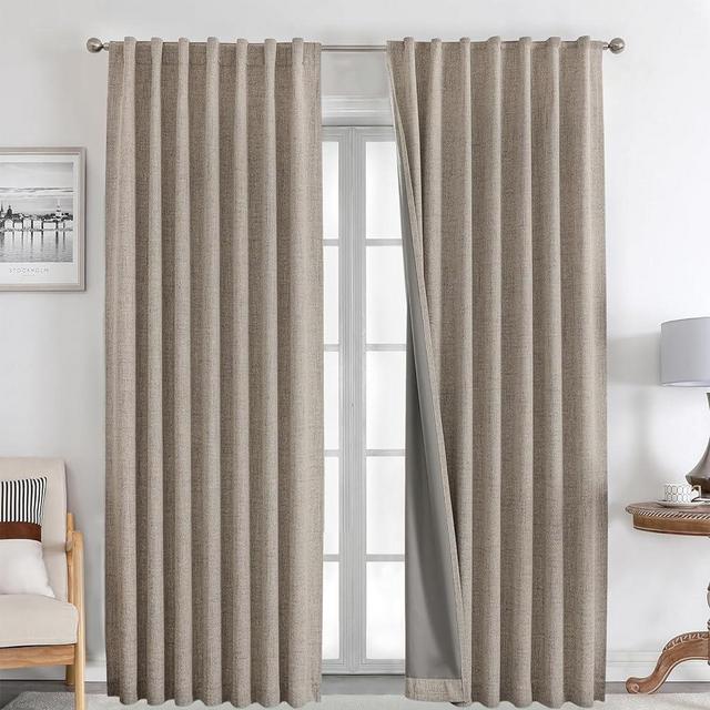 Joydeco 100% Blackout Curtains 108 inches Long Natural Linen Drapes 2 Panels Set Burg for Bedroom Living Room Black Out Darkening Curtain Thermal Insulated Back tab Rod Pocket(52x108 inch,Linen)