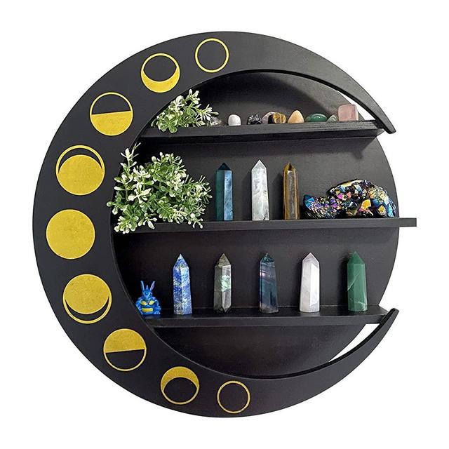 Wooden Floating Moon Shelf - Wood Crystal Shelf for Wall - Essential Oil Shelf - Hanging Storage Display Shelf - Home Wall Decor for Living Room Bedroom Bathroom Kitchen (Black)