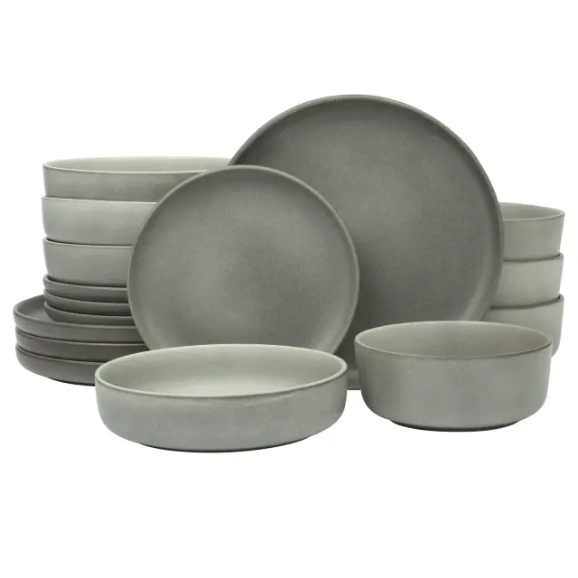 Gibson Soho Lounge Pasco 16 Piece Plates and Bowls Double Bowl Reactive Glaze Dishes Stoneware Ceramic Dinnerware Set Matte Grey
