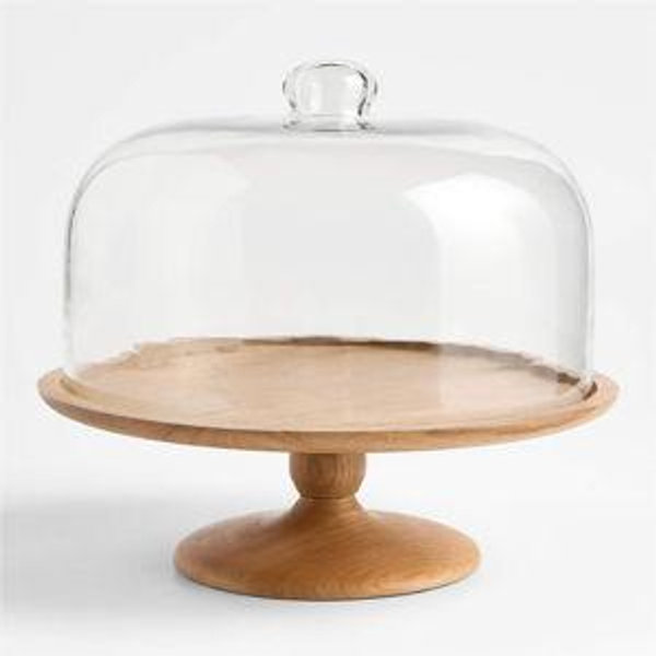 Madeira Walnut-Finished Acacia Wood Cake Stand with Glass Lid + Reviews | Crate & Barrel