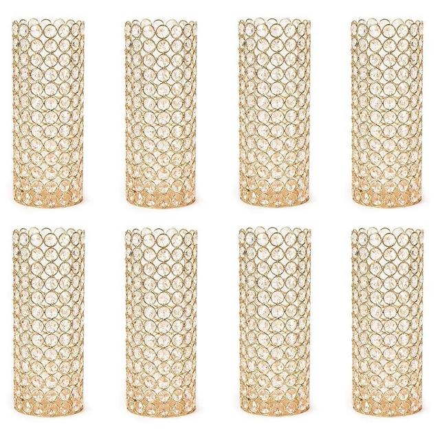 8 Pcs Gold Crystal Candle Holders Decoration - Hollow Ellipse Vase，10.4 Inch Cylinder Crystal Wedding Centerpiece Table Decoration Cylinder Metal Vase
