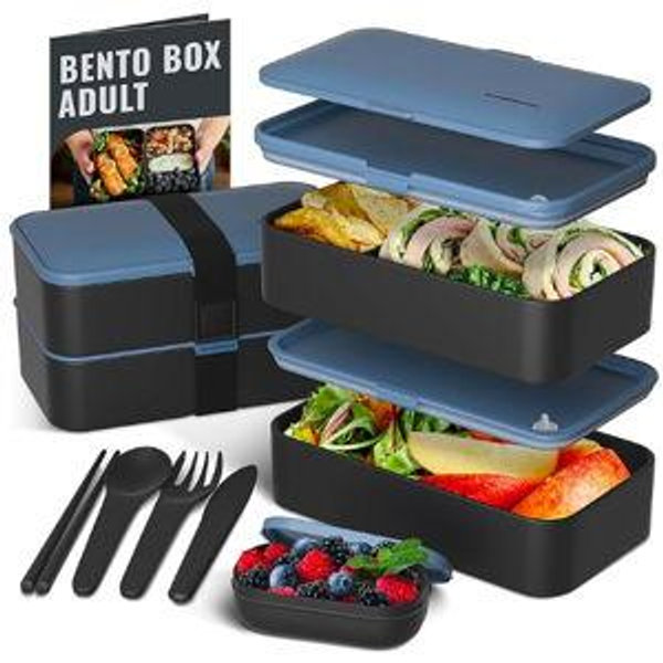 Bentoheaven Premium Bento Box Adult Lunch Box, Microwavable, Color:Steel My Heart/denim blue