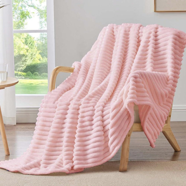 BEDELITE Fleece Throw Blanket for Couch - 300GSM Soft & Warm Fluffy Pink Blanket, Decorative and Giftable Striped Blankets for Women, Men, 50"x60"
