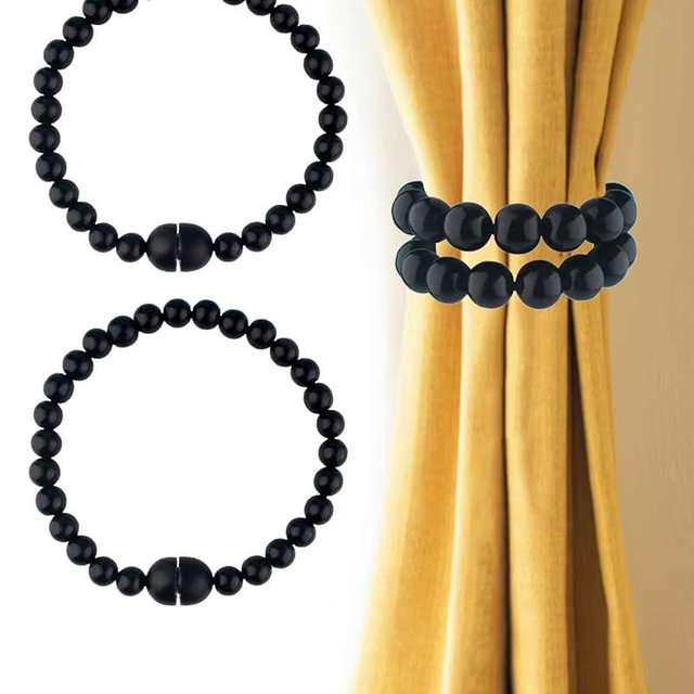 Black Curtain Tiebacks Magnetic 2 Pack: Strong Magnets Closure, Wood Bead Curtain Tiebacks Holders, Drapery Tie Backs Magnetic Curtain Holdbacks for Boho Farmhouse Home Office Room Nursery Decor