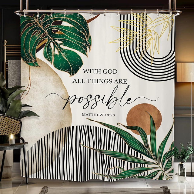 Miyotaa Abstract Emerlad Green Shower Curtain Set 60Wx71H Inches Bible Quotes Minimalist Aesthetic Modern Inspirational Motivational Positive Polyester Waterproof Bathroom Curtain with 12 Hooks