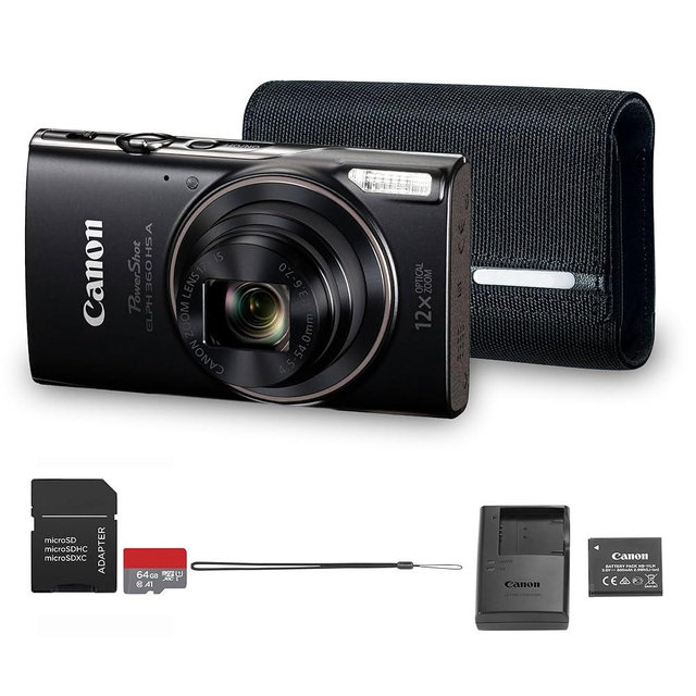 Canon PowerShot ELPH 360 HS A Digital Camera (Black) | 20.2MP CMOS Sensor, 12x Optical Zoom & Built-in Wi-Fi | Compact Point-and-Shoot for Travel, Family & Everyday Photography (7280C001) + 64GB Card