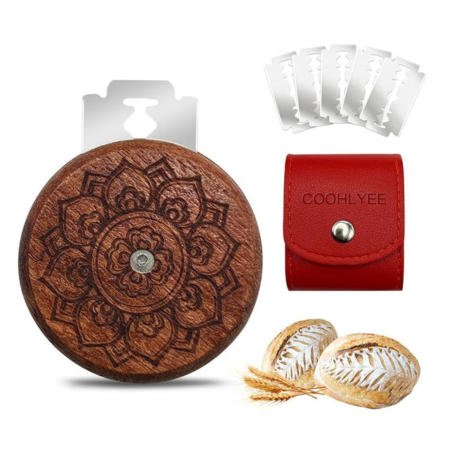 COOHLYEE UFO Wooden Bread Lame Slashing Tool, Dough Scoring Knife with 5 Razor Blades and Storage Cover,Sourdough Bread Scoring Tool for Homemade (Lotus patterns)