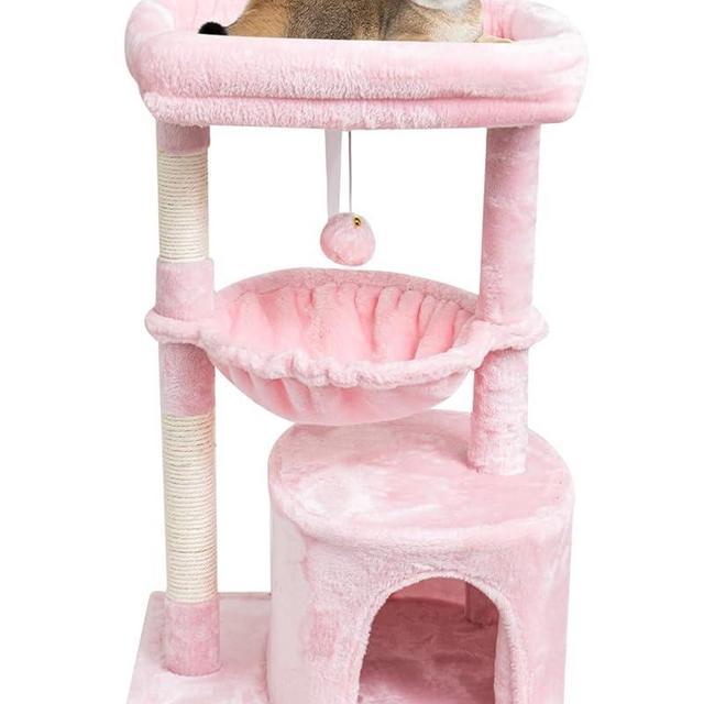 SYANDLVY Small Cat Tree for Indoor Cats, Cat Tower with Scratching Post, Modern Cat House with Padded Perch, Kittens Condo with Cradle, Cat Cave, Pink