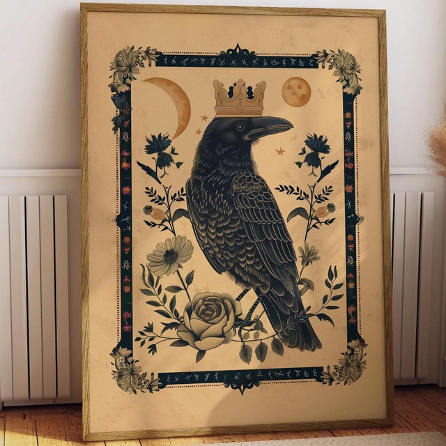 King Raven Norse Folk Art Poster Mystical Moon Illustration Flowery Crown Spiritual Print Botanical Rose Boho Wall Art Earth Tones Flowery