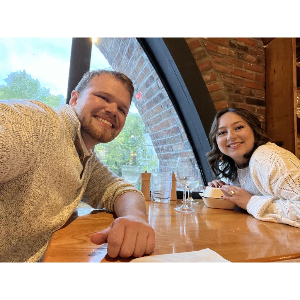 Out to eat celebrating our engagement at the Simon Pearce Glass Making shop and restaurant at a water mill