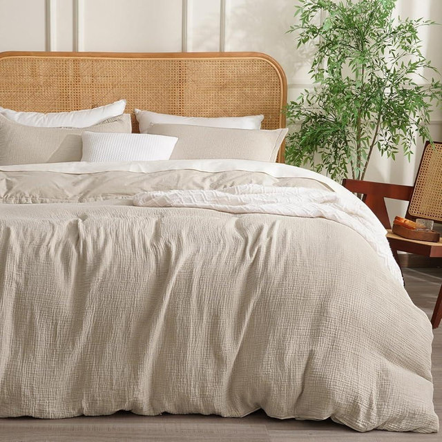 David's Home 100% Cotton Muslin Duvet Cover Set King Size,3 Pcs Soft Breathable & Lightweight Gauze Bedding Set with 2 Pillowcases,Textured Home Decor with Button, 104"×90" Natural/Oat Milk,No Insert