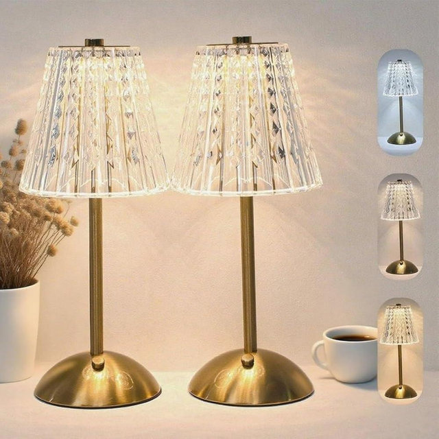 LCZYUYU 2 Pack Crystal Table Lamp, 5000mAh Rechargeable Battery Lamp with Touch Control, 3 Color Temperatures, Dimmable Brightness, Matte Aluminum Light for Bedroom/Bar/Kitchen/Outdoor, Home Décor