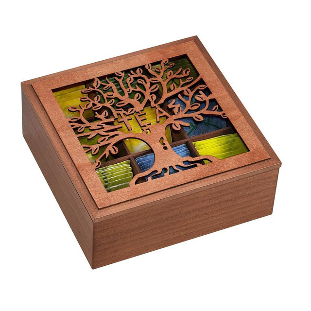 handrong Wood Tea Box Organizer,Tea Organizers and Storage with Tree Pattern,Tea Bag Holder,Decorative Tea Storage Organizer Box,9 Compartments Tea Organizer for Tea Bags Coffee