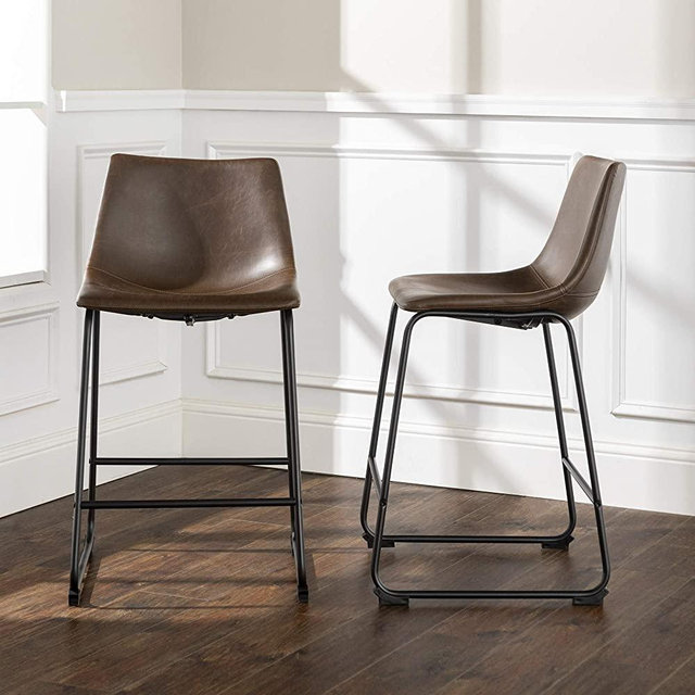 Walker Edison Furniture Company 24" Industrial Faux Leather Armless Indoor Kitchen Dining Chair Stool with Metal Legs Upholstered, 24 Inch Counter, Brown