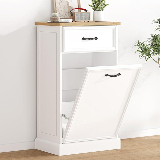 GarveeHome Tilt Out Trash Cabinet, Hidden Trash Storage Cabinet 10 Gallon, Freestanding White Garbage Can Cabinet for Kitchen Dining Living Room