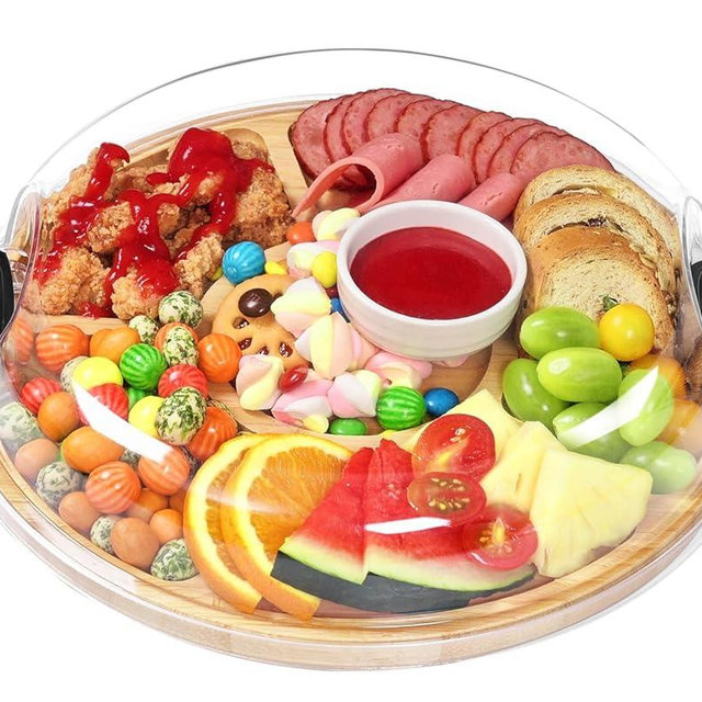 Zenzemwa Charcuterie Boards, Round Bamboo Charcuterie Board with Locking Lid & 6 Compartments, Reversible Cheese Board Serving Tray with Clear Plastic Cover House Warming Gifts