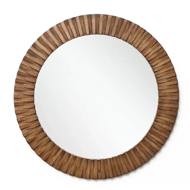 LuxenHome Rustic Oak Wood Textured Round Wall Mirror, 29” Decorative Home Accent Brown