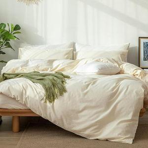 MooMee Bedding Duvet Cover Set 100% Washed Cotton Linen Like Textured Breathable Durable Soft Comfy (Solid Cream White, King 104"x90")