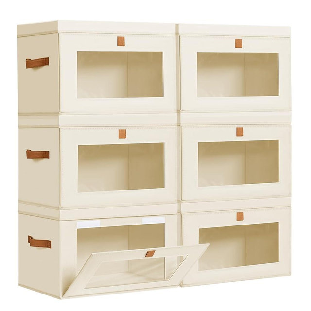 DIMJ Storage Bins with Lids - 6 Pack Large Fabric Closet Organizer with Window & Handles, Collapsible Decorative Storage Boxes for Shelves Under Bed, Books Clothes Blankets Sweaters Organization