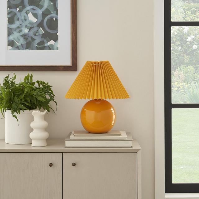 Nourison 13" Orange Ceramic Round Accent Lamp with Pleated Shade