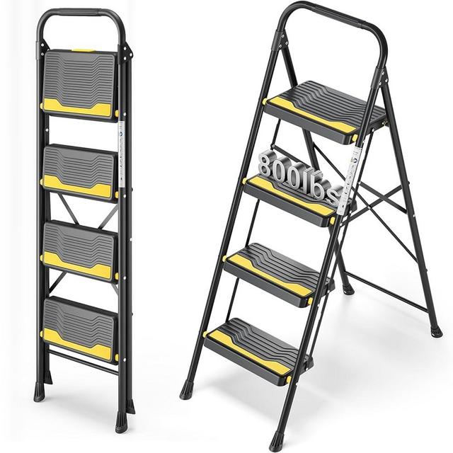 Urackify 4 Step Ladder, Heavy-Duty Pass 800lb Capacity Test, Wide Anti-Slip Steps & Secure Handrail Compact, Folding Step Stool Portable Design for Home, Kitchen, Office, Pantry, Closet Use, Black