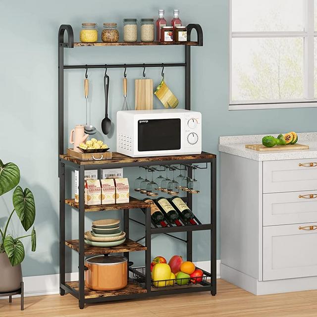 TIYASE Kitchen Baker’s Rack with Hutch and Wire Basket, 5-Tier Microwave Oven Stand with Wine Storage, Glass Holder and Hooks, Freestanding Kitchen Utility Storage Shelf Rack Organizer (Rustic Brown)